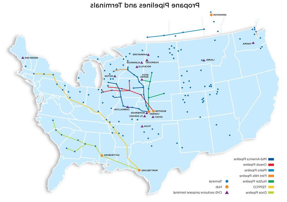 United states map showing propane pipelines and terminals